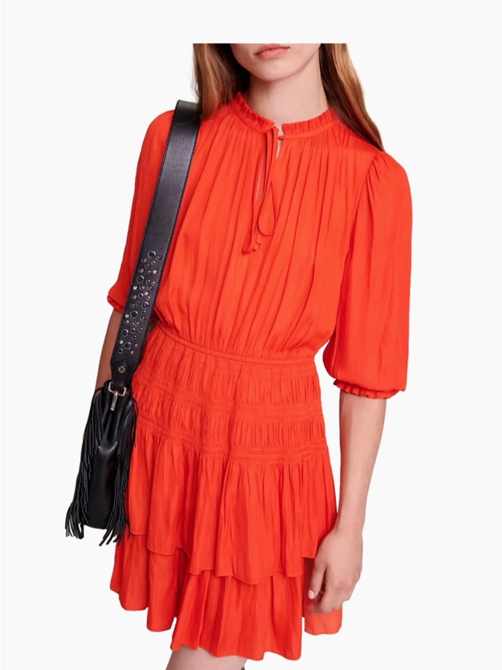 Maje Red Short Tiered Smocked Dress